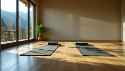 Obraz premium Serene yoga studio featuring two yoga mats on wooden floor, bathed in natural light from large windows. peaceful atmosphere is enhanced by potted plant, creating calming environment for practice