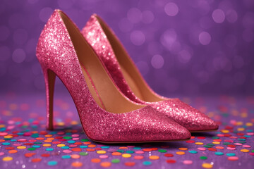 Glittery pink high heels amidst colorful confetti on a vibrant purple background