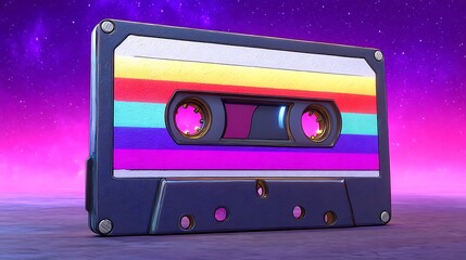 A vintage cassette tape with rainbow stripes against a galaxy background