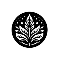 Fototapeta premium Black and White Botanical Logo: Circle Design with Leaves and Dots
