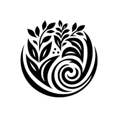 Black and White Floral Design: Minimalist Nature Element in a Circle