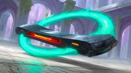 A futuristic, rectangular, metallic flying machine with glowing lights and a green energy ring surrounding it
