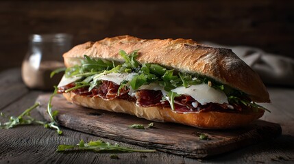 Rustic sandwich filled with salami, cheese, and arugula on a wooden cutting board.