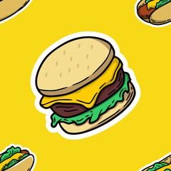 A seamless repeating pattern featuring cute cartoon-style illustrations of hamburgers with buns