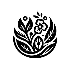 Minimalist Floral Circle Design, Black & White Vector