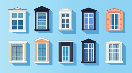 Diverse windows, architectural styles, light blue background, design resource