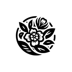 Elegant Floral Emblem: Black & White Botanical Design in a Circle