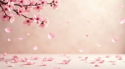 Fototapeta premium Delicate Pink Blossoms Falling Gracefully onto a Soft Surface, Evoking a Sense of Tranquility and Springtime Renewal