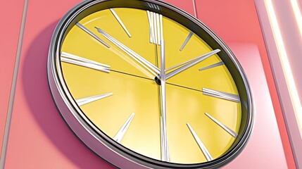 A yellow clock with silver hands and black outlining is on a pink background