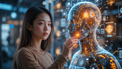 Woman touching robotic head technology