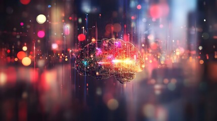 Fototapeta premium Abstract Glowing Brain with AI Chip in Colorful Digital Background
