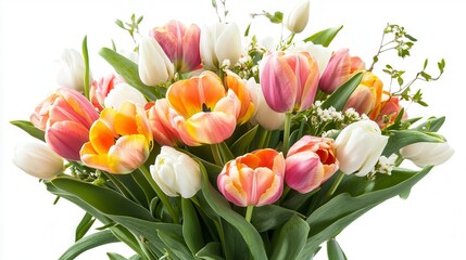 Obraz premium Vibrant bouquet of tulips in pink, orange, and white, with greenery.