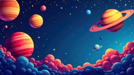 A vibrant cosmic landscape featuring colorful planets, celestial bodies, and a whimsical nebula of bubble-like formations.