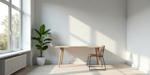 Serene Minimalist Home Office Space with Natural Light and Simple Wooden Desk