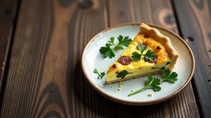 A delectable slice of savory quiche, adorned with fresh herbs, rests on a plate atop a rustic wooden surface
