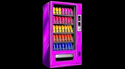 A vibrant purple vending machine filled with colorful cans