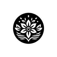 Minimalist Floral Logo Design, Black and White, Circular Emblem