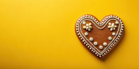 Obraz premium Heart-shaped gingerbread cookie with delicate icing decorations on a vibrant yellow background