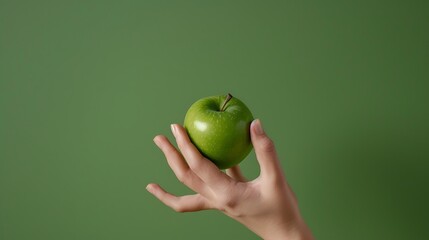 a hand holding an apple on a green background
