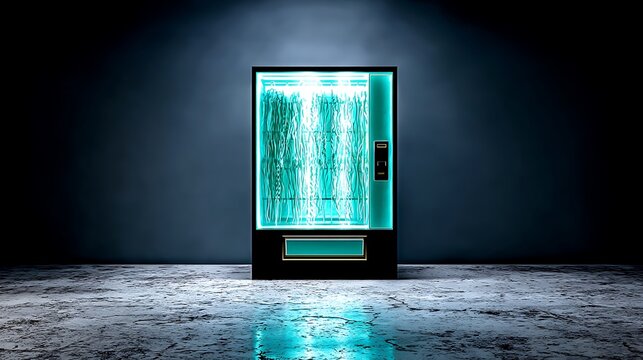 A glowing, futuristic vending machine in a dark room