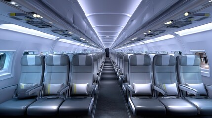 Obraz premium Exploring realistic economy class seats in airplanes aircraft cabin high fidelity images aerial environment interior view aviation concept