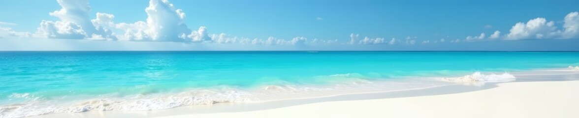 Obraz premium Tranquil white sands meeting turquoise ocean under clear blue sky, sand, sea, relaxation