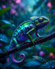 Obraz premium Hyperrealistic cybernetic chameleon changing color in rainforest rain