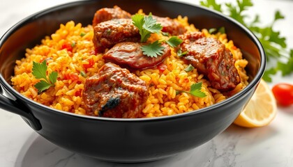 Fototapeta premium Tender meat biryani, fragrant rice, fresh herbs in a stylish black bowl, color, foodie