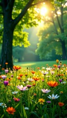 Obraz premium Sunlight filtering through lush green trees onto vibrant flowers in a tranquil meadow, peaceful, trees