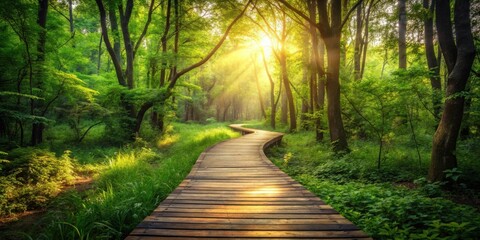 Obraz premium Serene Forest Path at Sunrise A Wooden Walkway Winding Through Lush Green Canopy Bathed in Golden Sunlight