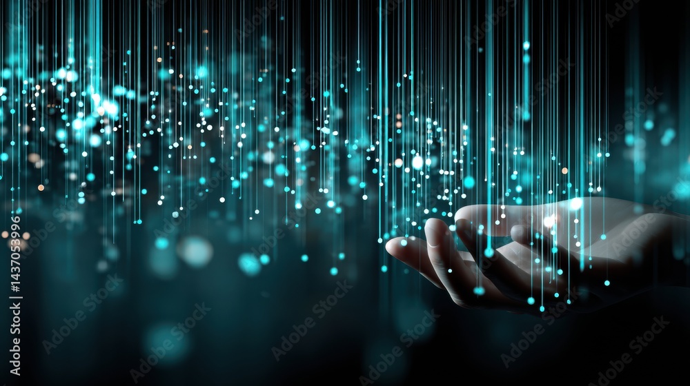 Aufkleber floating holographic code hovers above hand in a vibrant cyberspace environment at twilight