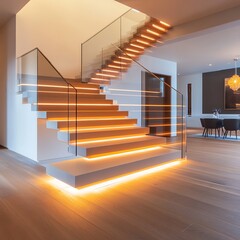 Modern Illuminated Staircase Interior Design with Glass Railing
