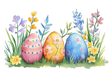 Colorful decorated Easter eggs nestled among vibrant spring flowers in a lush garden setting (1)