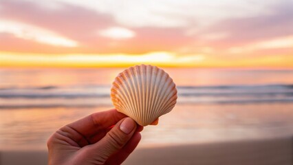 A hand holds a seashell against a vibrant sunset, with gentle ocean waves in the background, creating a serene beach atmosphere.