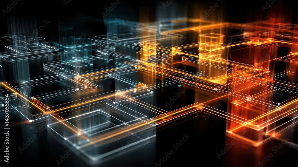 Poster Flowchart Transforms Into Dynamic 3D AI Shape With Luminous Edges Illuminating Technology and Design Concepts