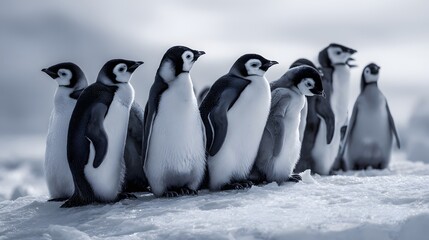 Obraz premium A line of penguins standing on ice in the antarctic, black and white coloring.