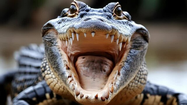 Menacing alligator head with its mouth wide open displaying sharp teeth in a close-up, aggressive wildlife reptile portrait.