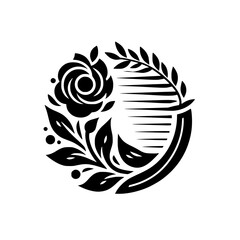 Floral Crest: Black and White Round Design Element