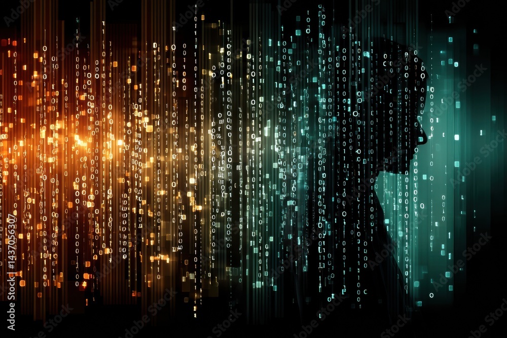 Poster Human Silhouette Integrates With Binary Code and Luminous Nodes in a Digital Landscape of Creativity and Innovation at Dusk