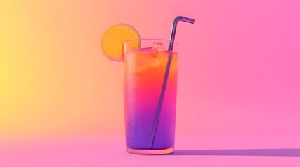 Colorful Beverage with Lemon Slice on Gradient Background