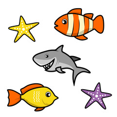 Cute Cartoon Sea Animals Vector Set. A cute and simple cartoon illustration featuring a collection of sea animals: a yellow starfish with black dots, an orange and white striped clownfish, a gray shar