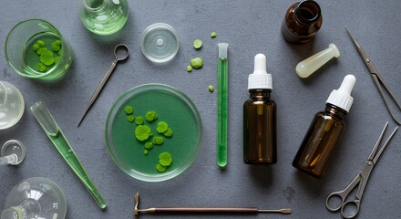 Observe cosmetic research action top view laboratory scene showing Centella Asiatica Gotu Kola extract glass petri dish test tube alongside serum bottle mockup representing product