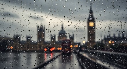 Capture moody melancholic atmosphere abstract showcasing defocused city lights London UK viewed through rain streaked windowpane sharp focus only few droplets due to shallow depth