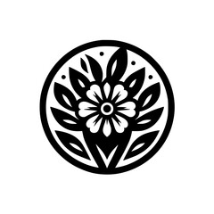 Circular Floral Emblem, Black and White, Minimalist Design