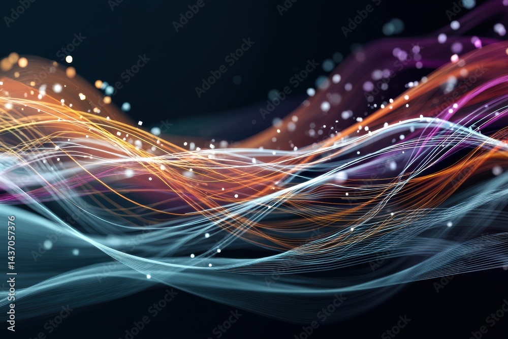 Poster Gradient Waves of Data Particles Flowing Smoothly Through an Abstract Digital Landscape at Night