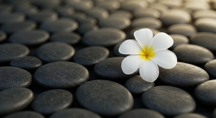 Create tranquil spa setting using beautiful white plumeria frangipani flowers arranged alongside smooth black grey spa stones illuminated soft sunlight offering copy space serene