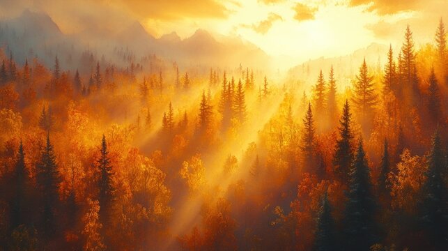 Autumn sunrise in a misty forest