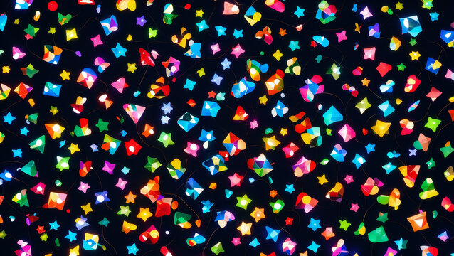 Rainbow geometric shapes and stars on black background