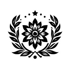 Black and White Floral Emblem with Laurel Wreath