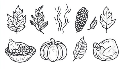 Fototapeta premium Thanksgiving food & leaves sketch, autumn harvest, white background, seasonal design
